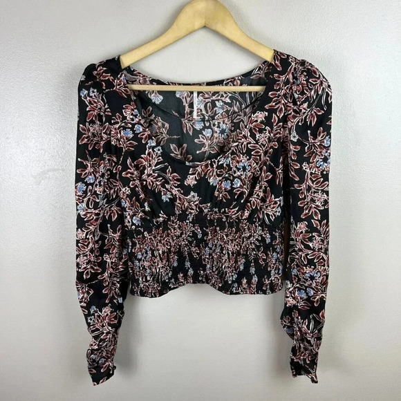 Free People Santiago Top Blouse Size Small Cropped Floral Puff Sleeve Boho Black - Picture 2 of 10